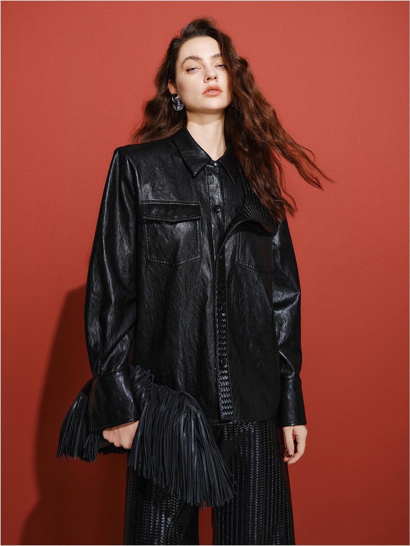 audreyyang Premium Pu Leather Lapel Long Sleeve Tailored Womens Black Wine Leather Jackets