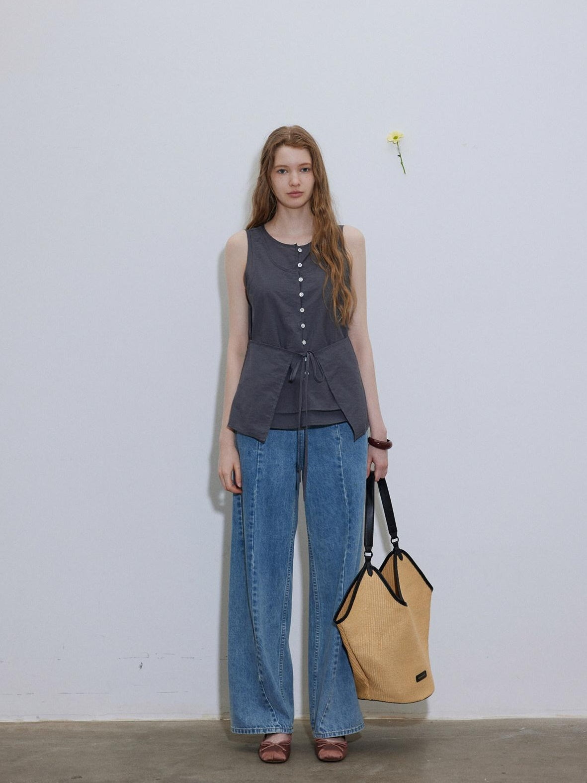 Lofi choose Button Front Loose Workwear Sleeveless Charcoal Off Shoulder Crop Tops