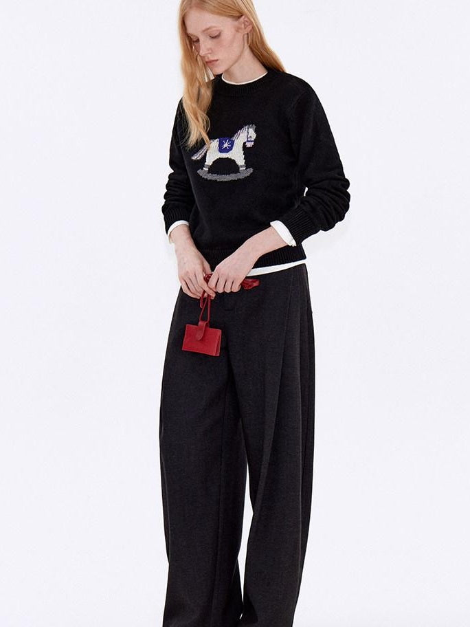 fano Cozy Acrylic Wool Blend Loose Pullover Crewneck Cute Animal Black Sweaters