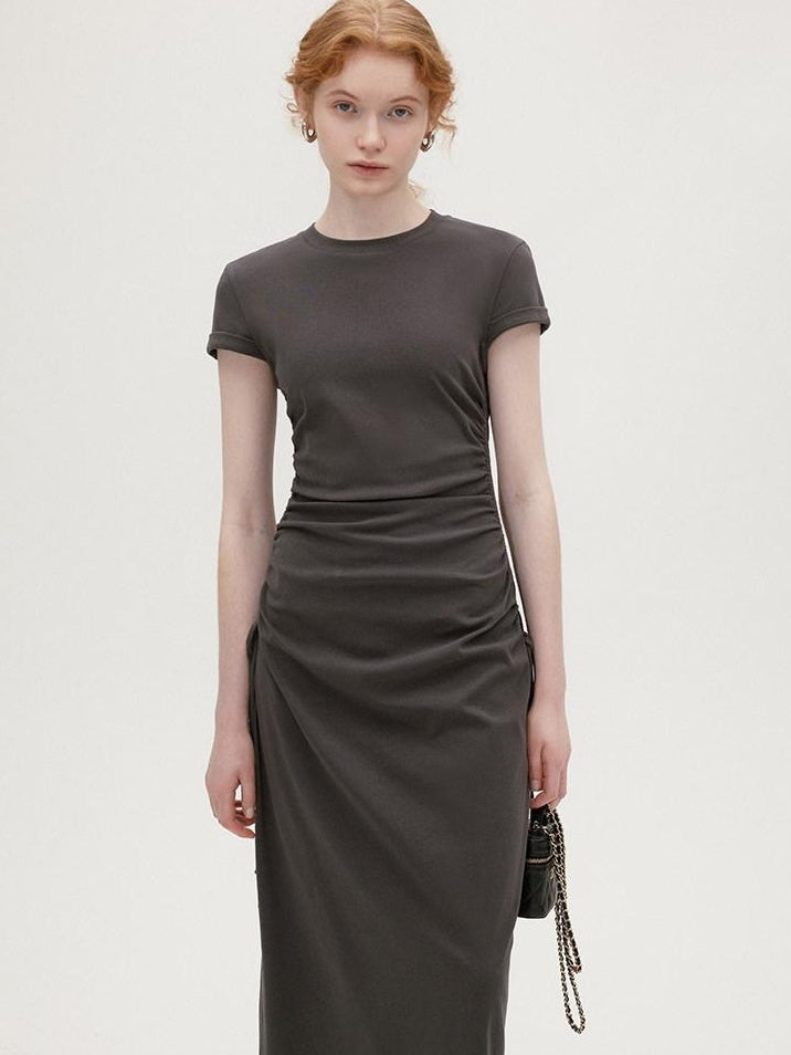 fano Soft Cotton Knit High Waist A Line Button Mock Neck Midi Dresses