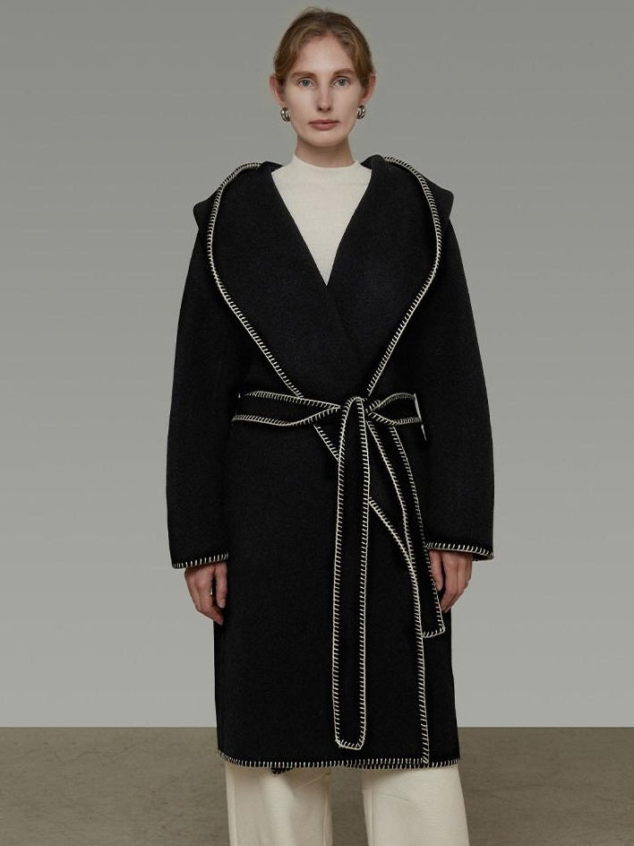 unspoken Cozy Minimalist Commuter Loose Hooded Midlength Women Black Tie Wool Coats