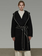 unspoken Cozy Minimalist Commuter Loose Hooded Midlength Women Black Tie Wool Coats