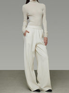 unspoken Comfort Elastic Natural Waist Minimal Solid White Polyester Blend Wide Leg Pants