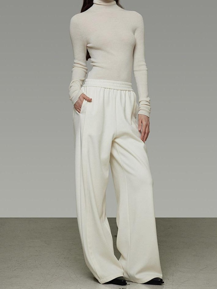 unspoken Comfort Elastic Natural Waist Minimal Solid White Polyester Blend Wide Leg Pants