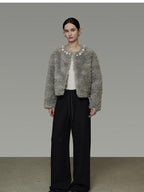 unspoken Warm Minimal Loose Fit Commuter Round Hem Women Gray Blue Cropped Jackets