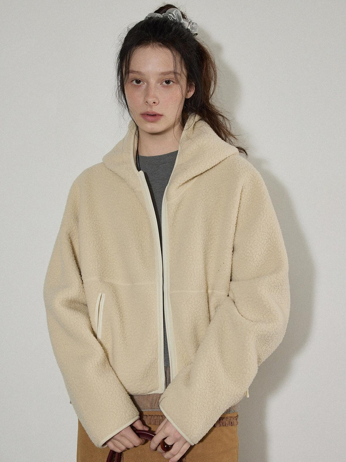 Lofi choose Thick Zippered Hooded Oversized Commuter For Women Apricot Plush Fleece Hoodie