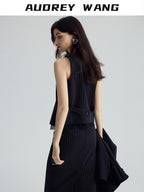 audreyyang Padded V-neck Striped Cropped Commuter Strap Women Black Single Button Vests