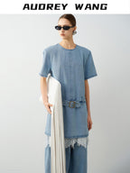 audreyyang Washed Tencel Micro Stretch Straight Fit Denim Blue Casual Short Sleeve T-Shirts