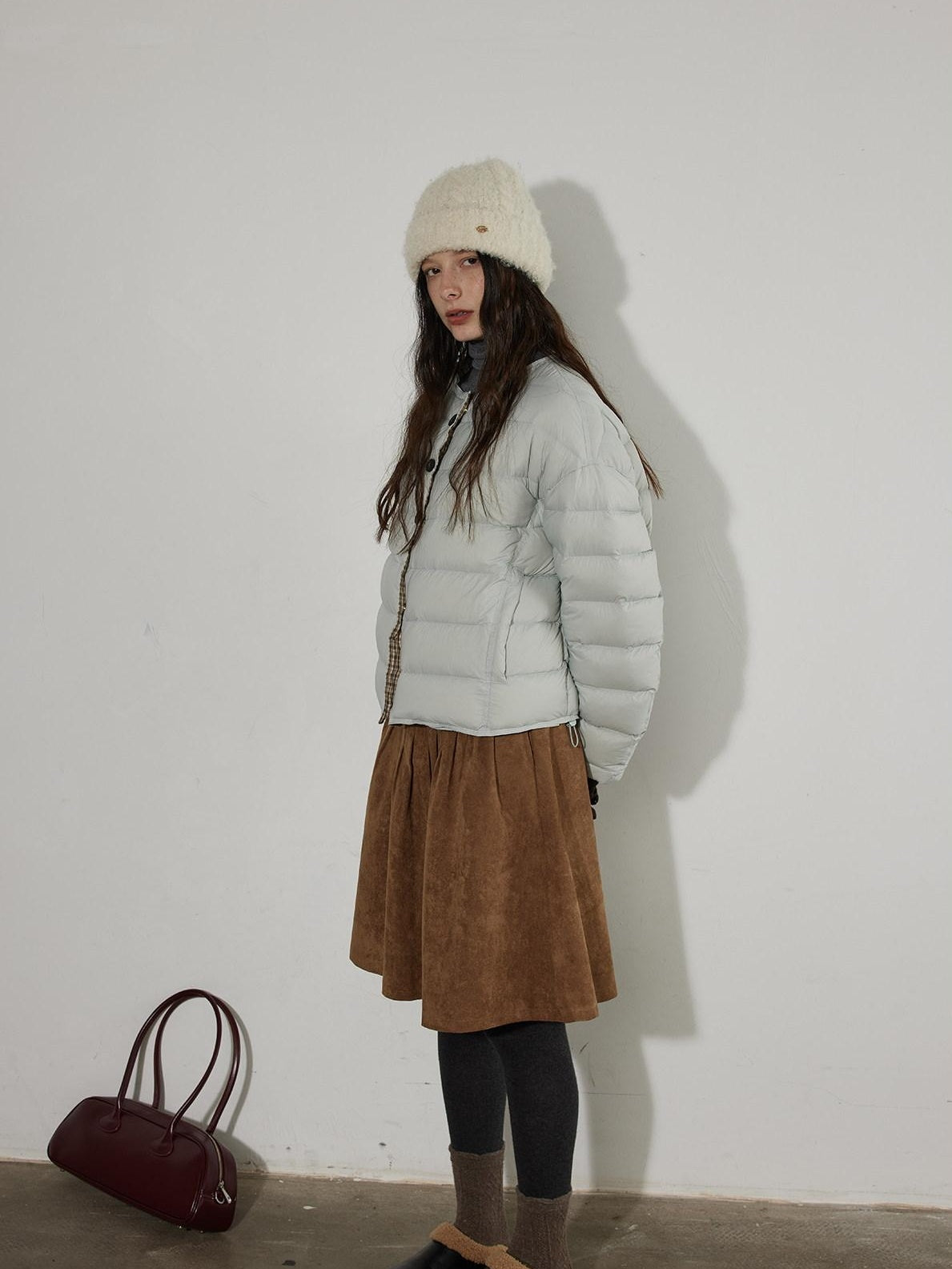 Lofi choose Flattering High Waist Ruched A Line Office Khaki Polyester Women Midi Skirts