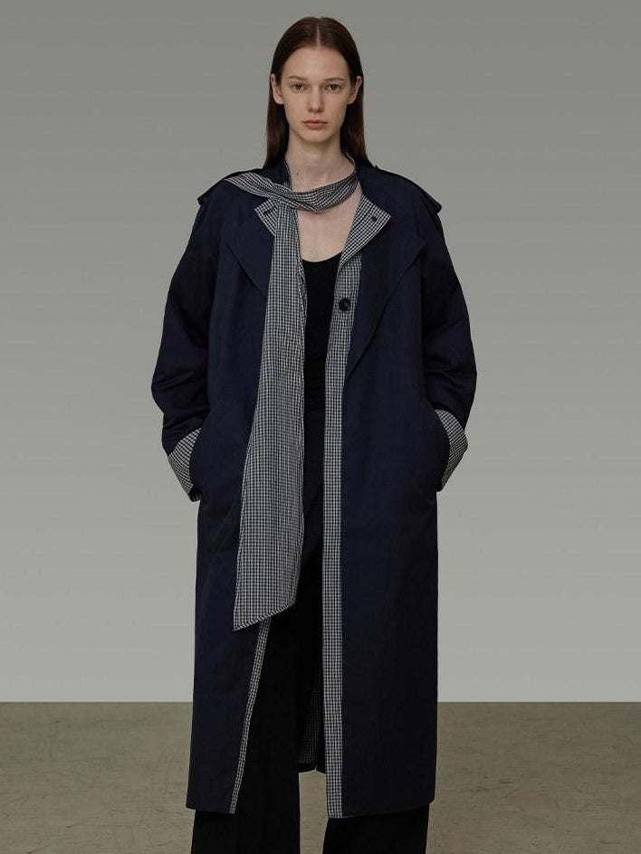 unspoken Minimal Navy Plaid Single Breasted Midlength Relaxed Women Trench Coats