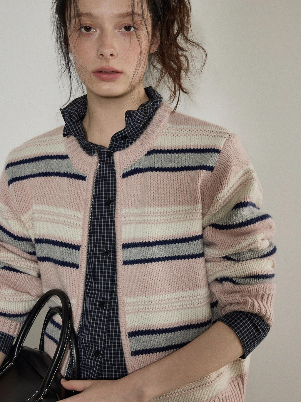 Lofi choose Pure Cotton Loose Fit Plaid Button Front Turn Down Collar Office Women Blouses