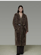 unspoken Warm Belted V-neck Loose Fit Commuter Women Brown Gray Long Coats