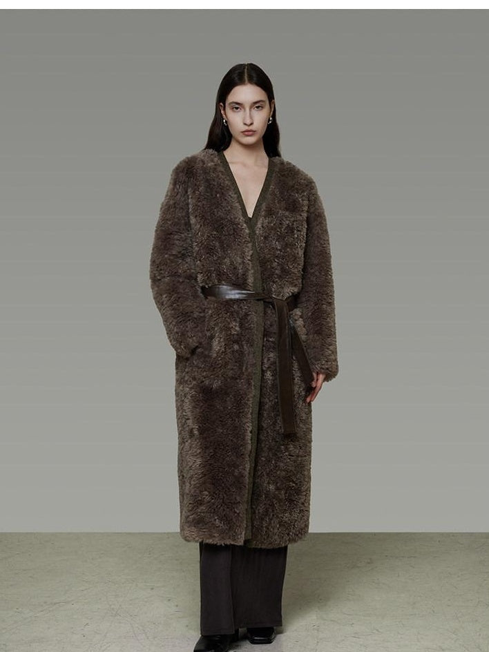 unspoken Warm Belted V-neck Loose Fit Commuter Women Brown Gray Long Coats