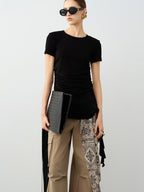 audreyyang Modal Cotton Ruched Commuter Slim Round Neck Womens Black Short Sleeve T-Shirts