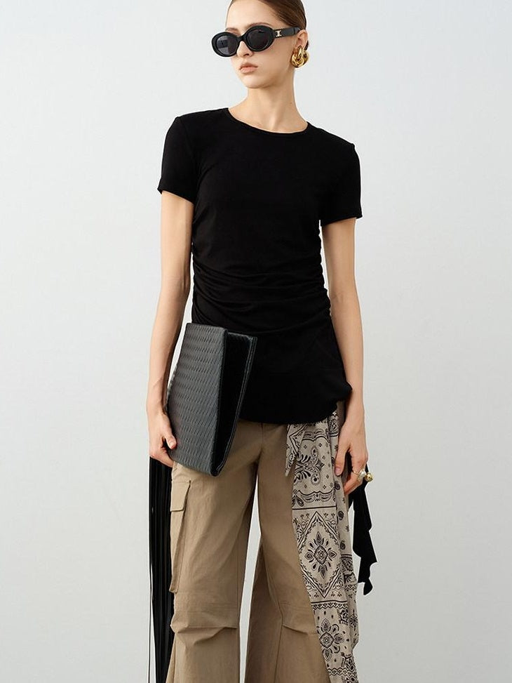audreyyang Modal Cotton Ruched Commuter Slim Round Neck Womens Black Short Sleeve T-Shirts