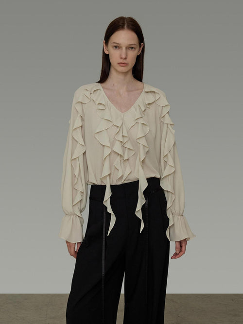 unspoken Breathable Soft Minimalist Commuter Loose Bell Sleeve V-neck Office Blouses