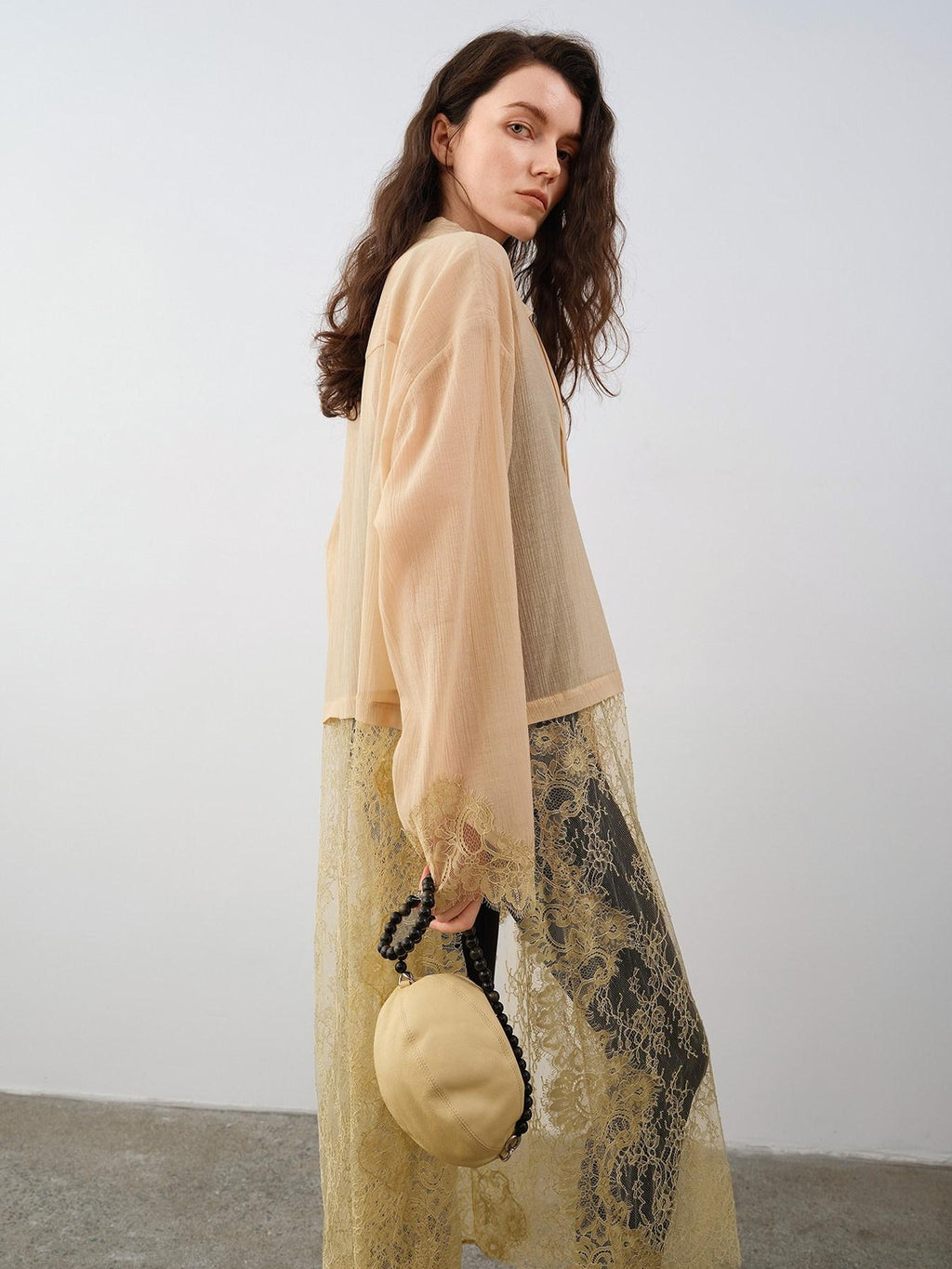 audreyyang Cotton Blend Lace Patchwork Relaxed Fit Long Sleeve Casual Women Midi Dresses