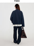 fano Warm Pure Cotton Relaxed Faux Two Layer Women Daily Navy Striped Cropped Jackets