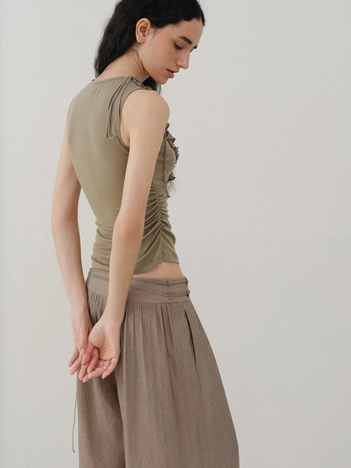 someonesometimes Light Lyocell Slim Ruffle Tie Cami Workwear Women Olive Green Tank Tops
