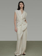 unspoken Breathable Linen Blend Sleeveless V-neck Tie Front Loose Fit Work White Blouses
