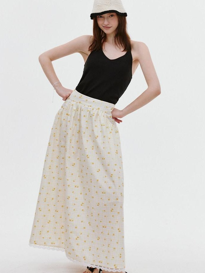 fano Lined 100% Cotton Soft Plaid A Line Mid Waist Loose Fit Korean Maxi Skirts