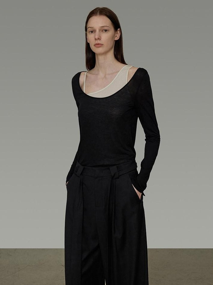 unspoken Asymmetric Lyocell Knit Slim Casual Colorblock Longsleeve Women Top & Pants Sets