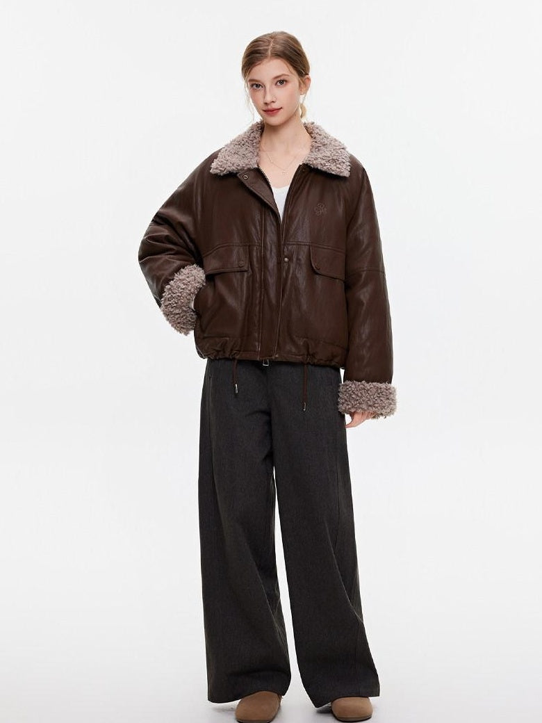 ikyou Thick Pu Leather Embroidered Zip Pocket Oversized Korean Brown Cropped Jackets
