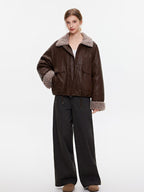 ikyou Thick Pu Leather Embroidered Zip Pocket Oversized Korean Brown Cropped Jackets