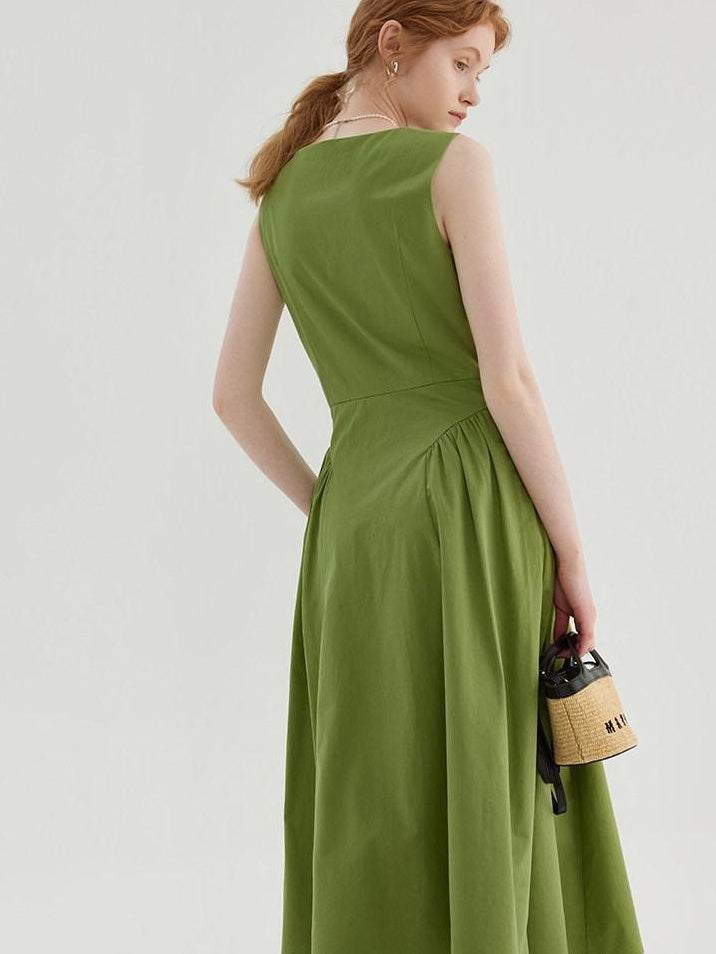 fano Cotton High Waist Pleated Minimal A Line Square Neck Women Maxi Dresses