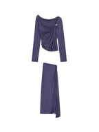 unspoken Button Slim Minimalist Office Workwear Long Sleeve Women Blue Top & Skirt Sets