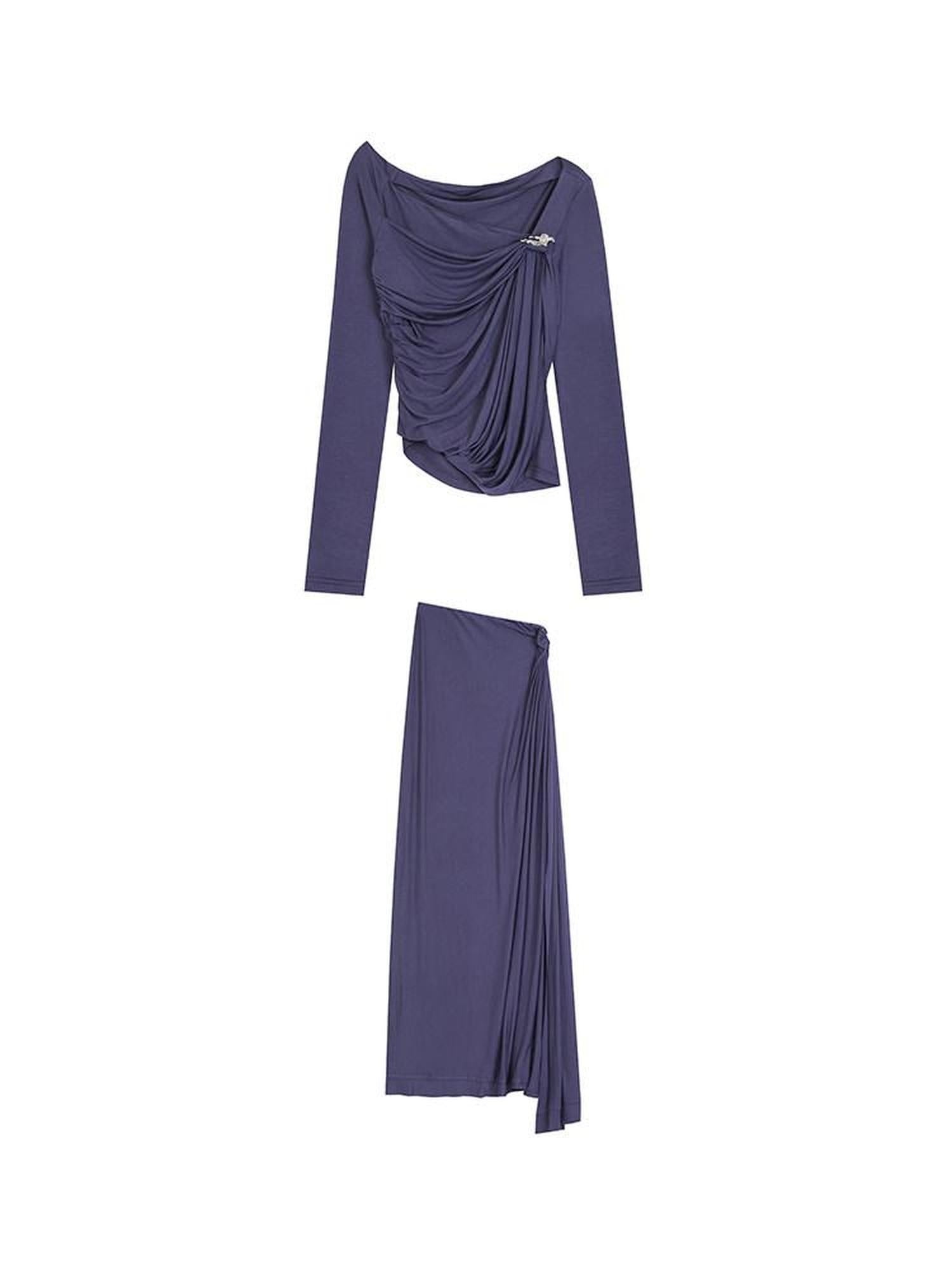 unspoken Button Slim Minimalist Office Workwear Long Sleeve Women Blue Top & Skirt Sets