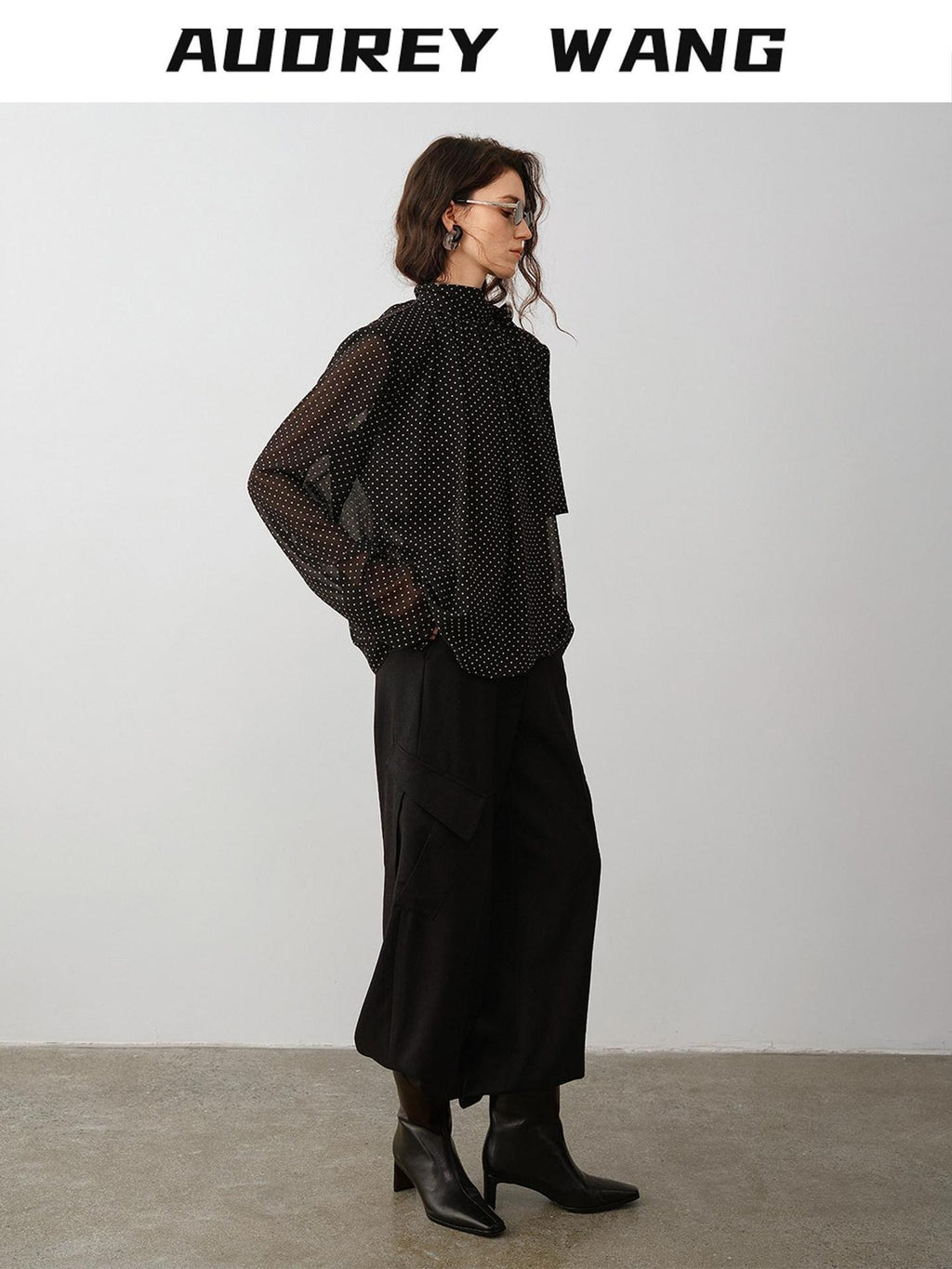 audreyyang Shape Retaining Loose Fit Stand Collar Long Sleeve For Women Polka Dot Blouses