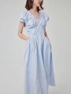 fano Pleated High Waist A Line V-neck Flutter Sleeves 100% Cotton Casual Maxi Dresses