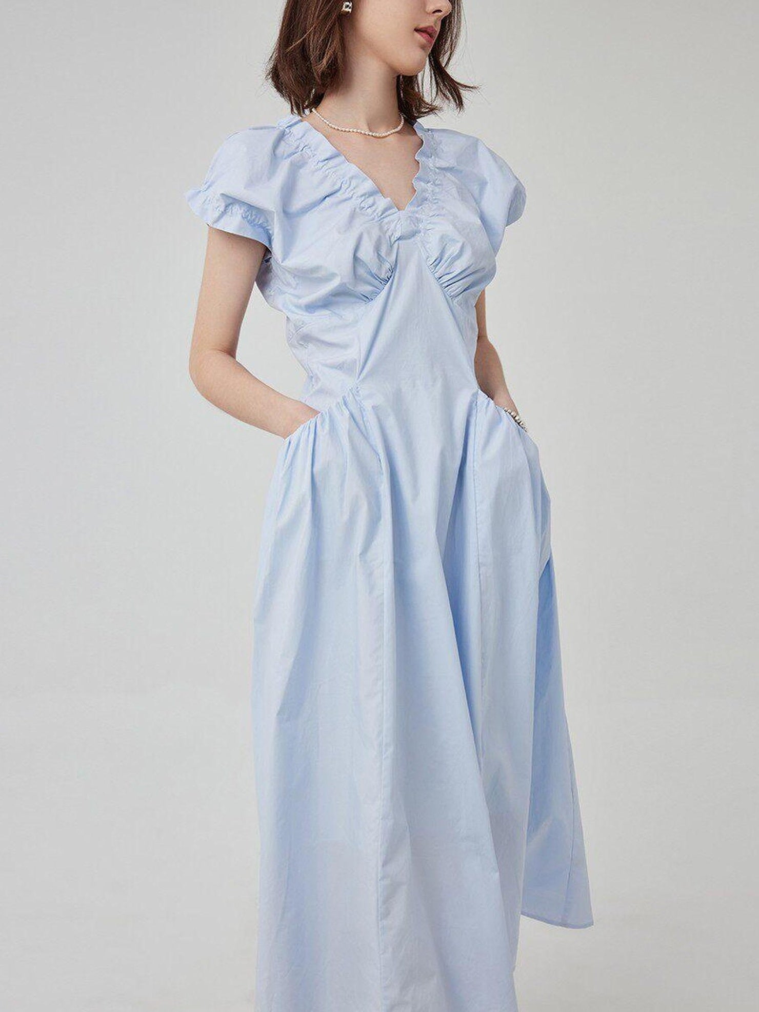 fano Pleated High Waist A Line V-neck Flutter Sleeves 100% Cotton Casual Maxi Dresses