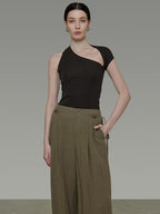 unspoken Soft Lyocell Asymmetric Neck Fitted Stone Green Off Shoulder Crop Tops