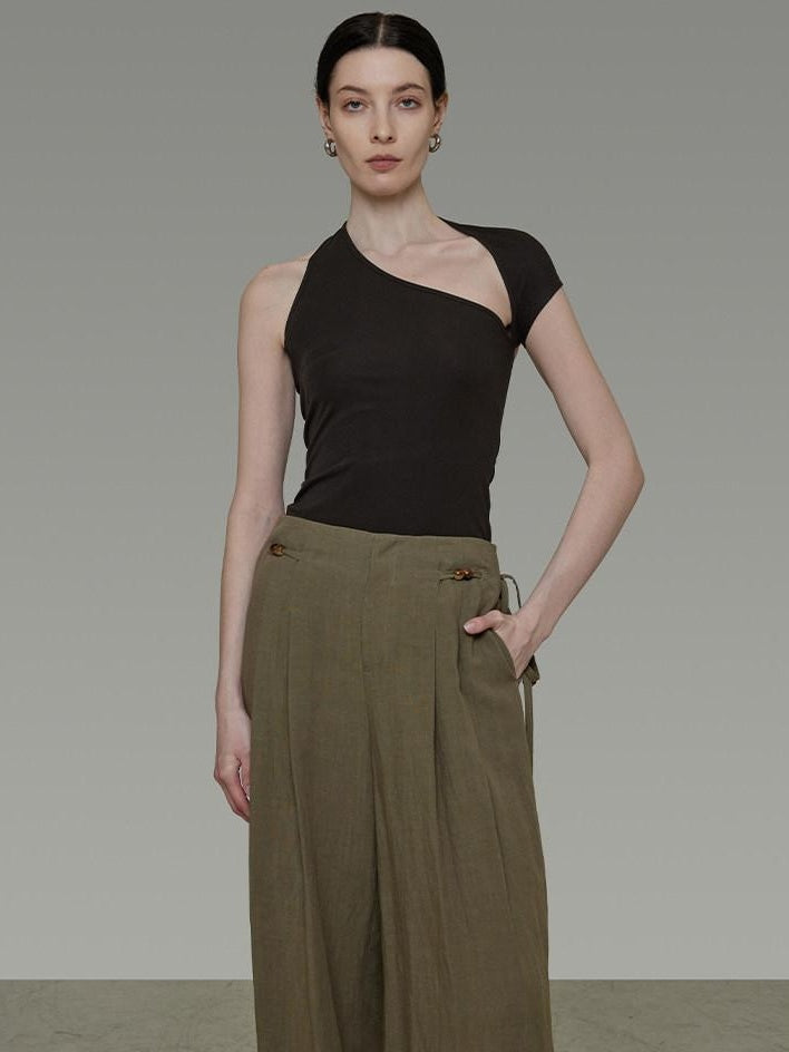 unspoken Soft Lyocell Asymmetric Neck Fitted Stone Green Off Shoulder Crop Tops