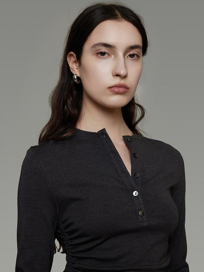 unspoken Breathable Tencel Ruched High Waist A Line Long Sleeve Slim Office Maxi Dresses