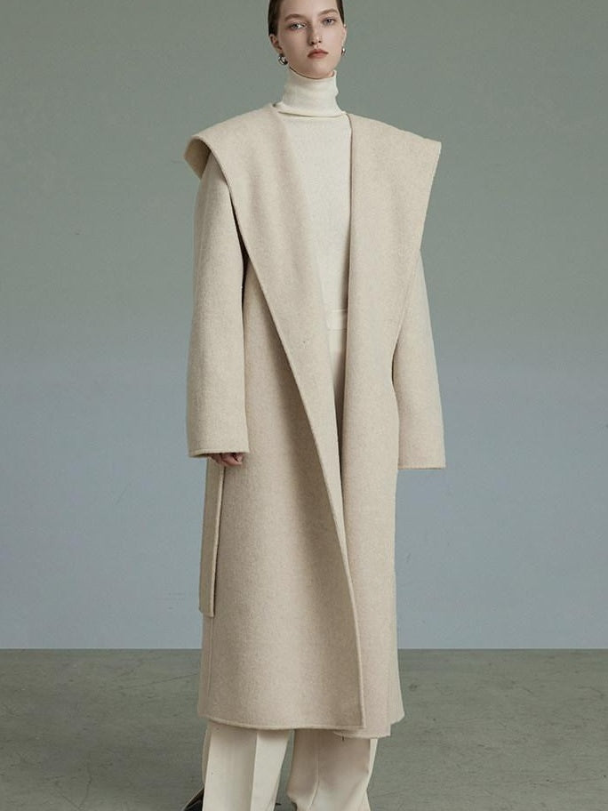 unspoken Premium 90 Wool 10 Alpaca Hooded Minimal Straight Long Oatmeal Wool Coats