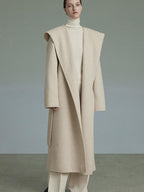 unspoken Premium 90 Wool 10 Alpaca Hooded Minimal Straight Long Oatmeal Wool Coats