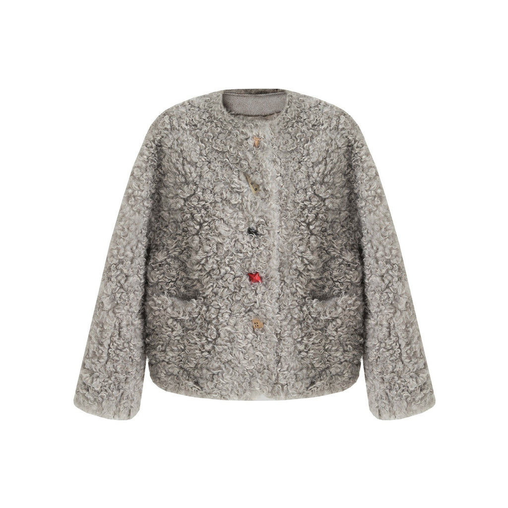 fano_Faux_Fur_Straight_Cut_Minimal_Workwear_Women_Gray_Khaki_Short_Coat_MISSTT