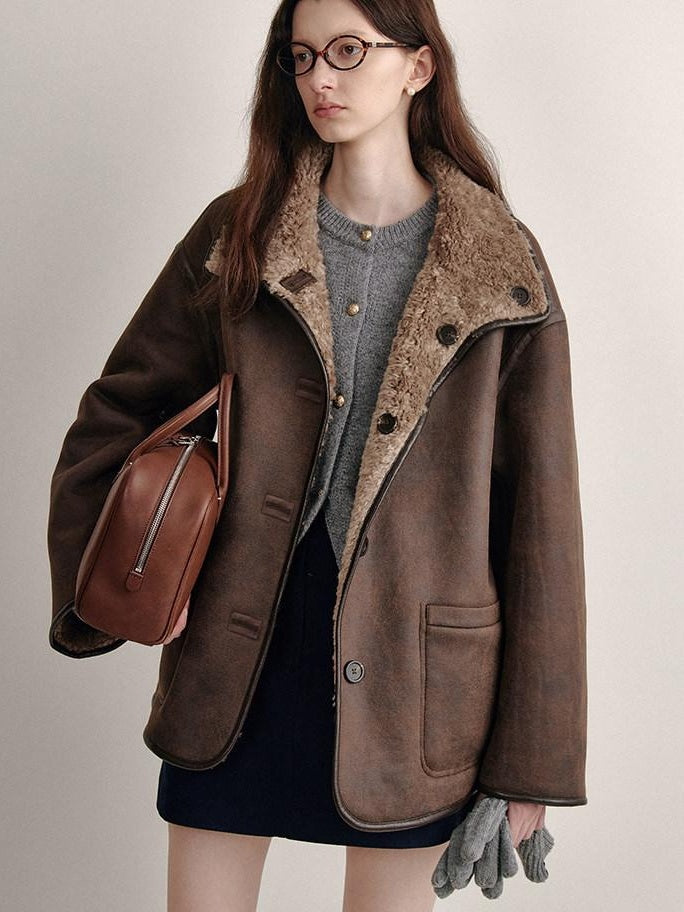 fano Reversible Vintage Straight Stand Collar Women Coffee Brown Short Coat