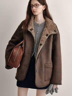 fano Reversible Vintage Straight Stand Collar Women Coffee Brown Short Coat