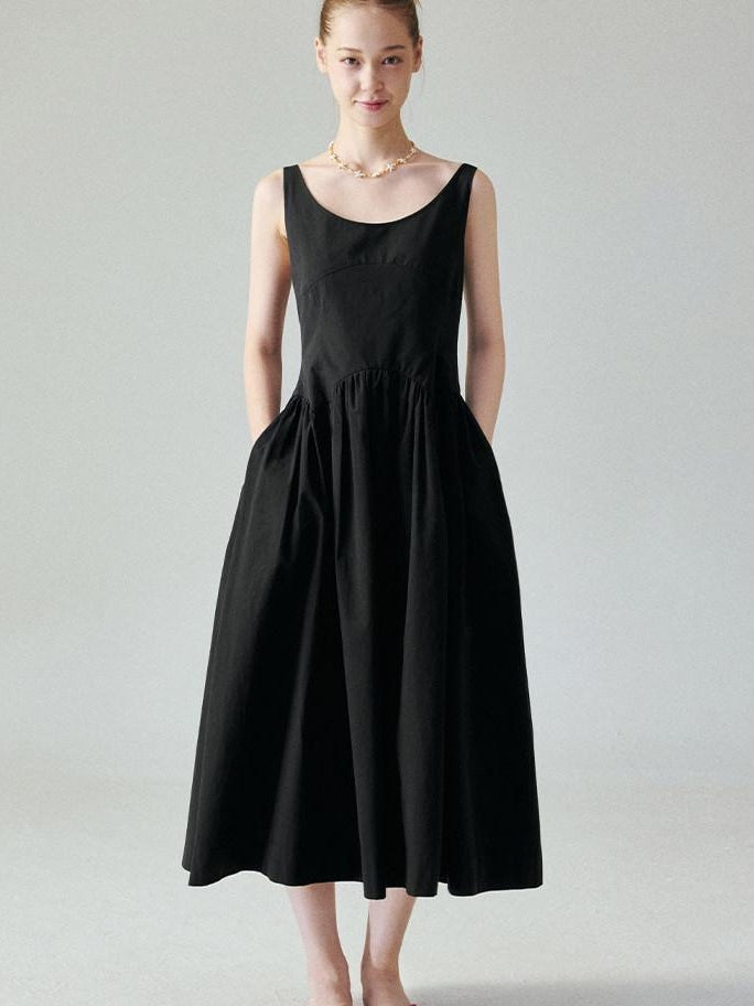 fano Pure Cotton U Neck Sleeveless A Line Korean Office Dress Women Black Maxi Dresses