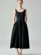 fano Pure Cotton U Neck Sleeveless A Line Korean Office Dress Women Black Maxi Dresses