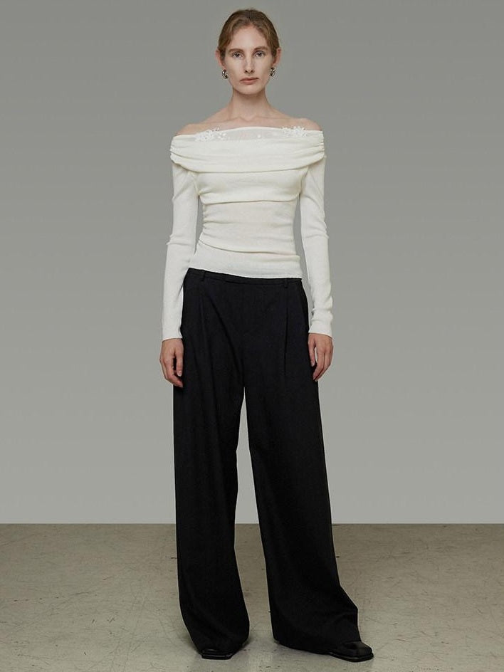 unspoken Soft Breathable Knit One Shoulder Slim Fit Office White Long Sleeve Blouses