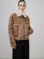 unspoken Faux Fur Lined Oversized Zip Pocket Barn Style Women Khaki Leather Jackets