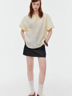 fano Yellow Tie Front Viscose Linen Blend Relaxed Korean Short Sleeve Women Blouses