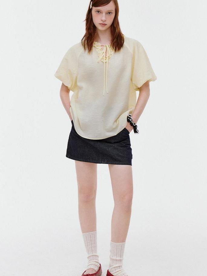 fano Yellow Tie Front Viscose Linen Blend Relaxed Korean Short Sleeve Women Blouses