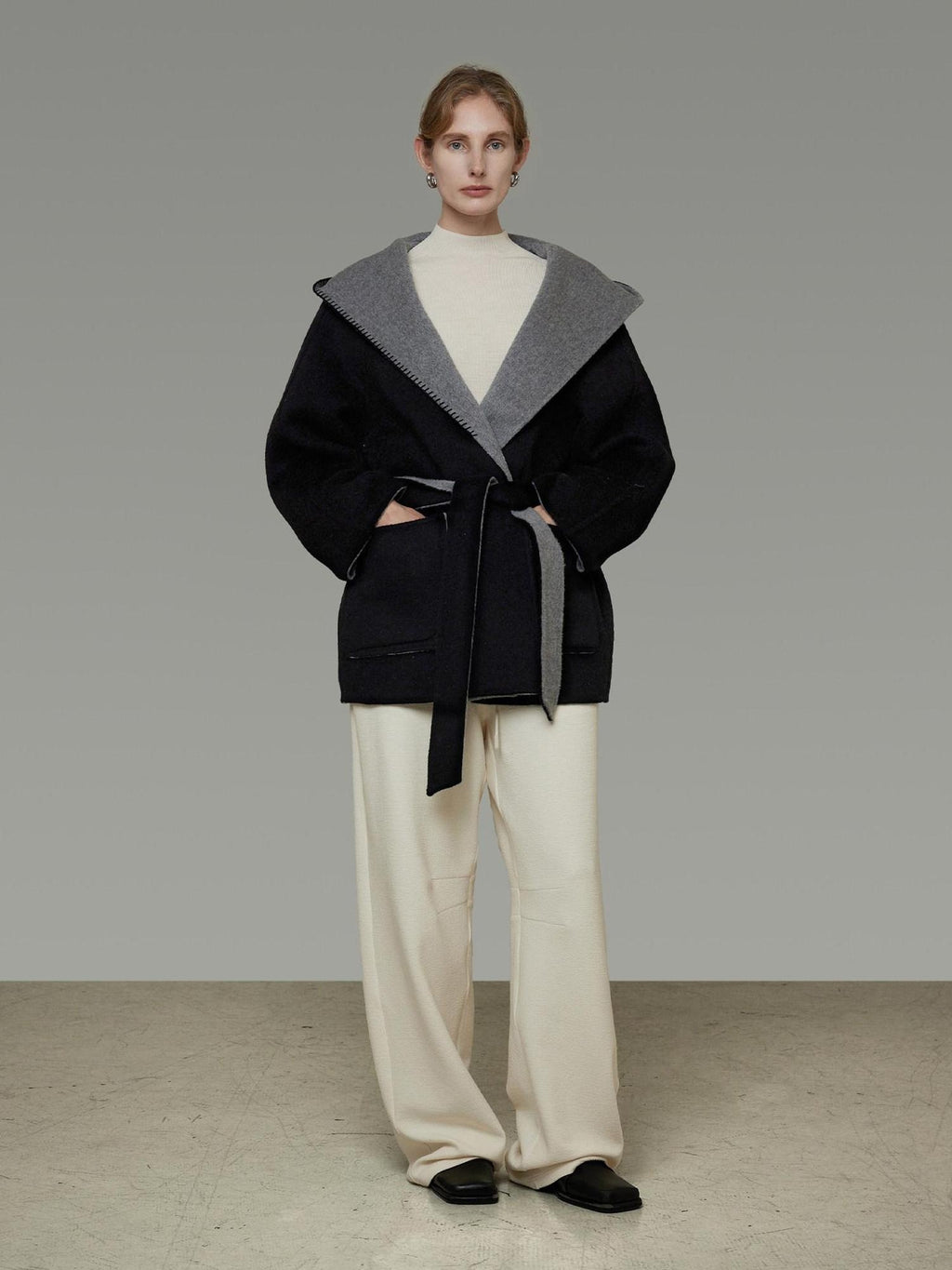 unspoken Minimal Commute Relaxed Fit Hooded Tie Waist Sculpted Cut Black Gray Wool Coats