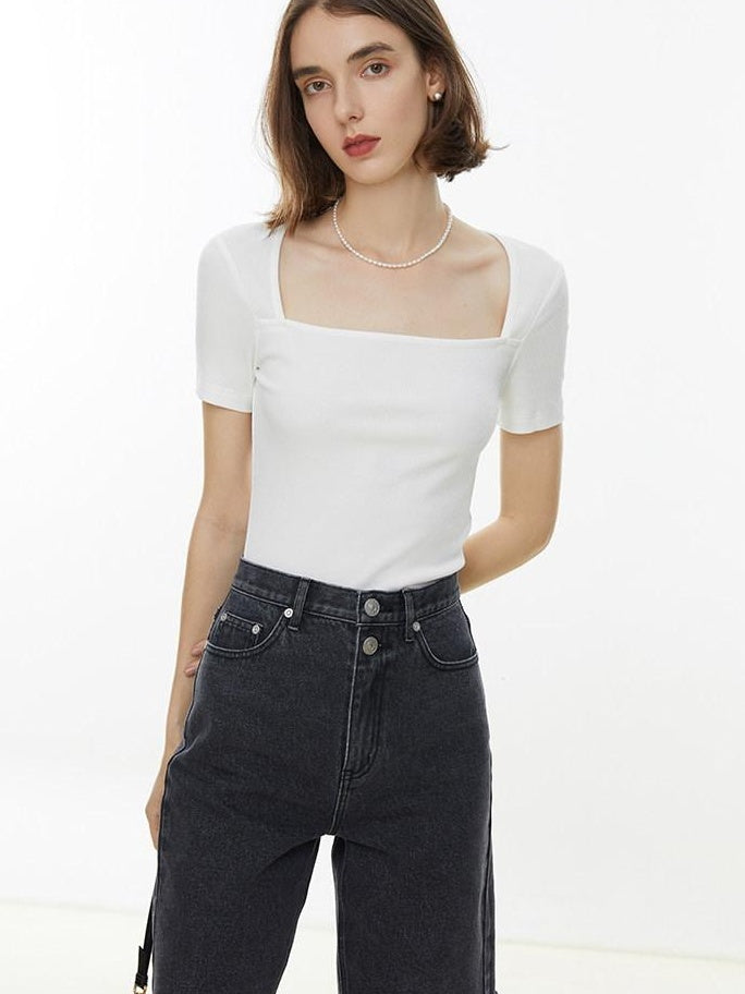 fano Creative Square Neck Slim Fit Minimalist Women Black White Short Sleeve T-Shirts
